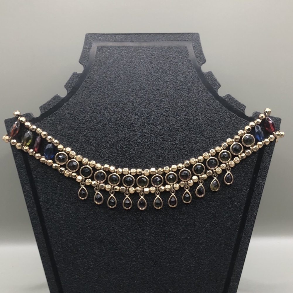 Brassy gold tone colorful crystal choker boho festival statement.